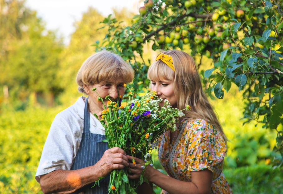 Couple smelling the flowers